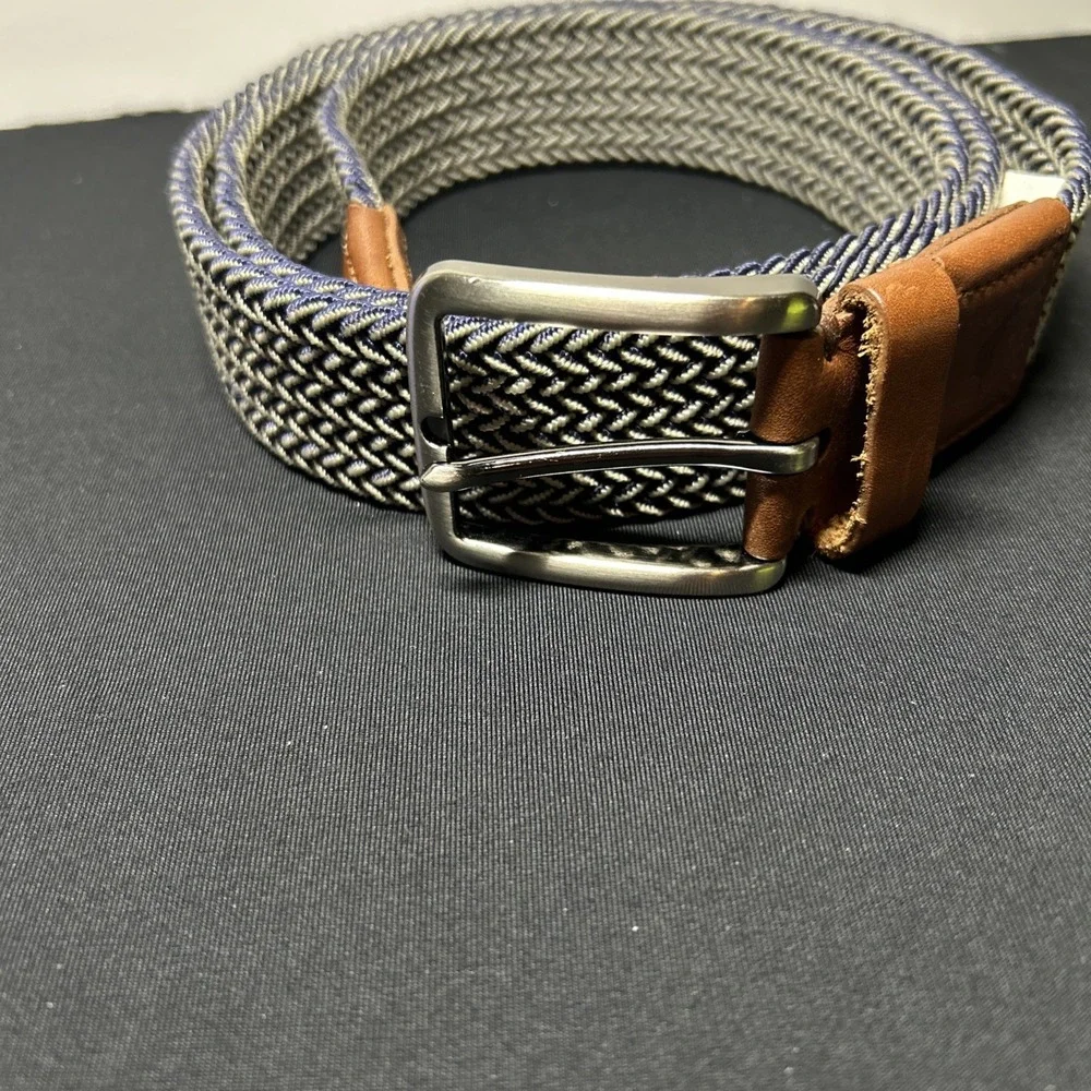 Mens Silver Buckle Braided Stretch Belt Faux Leather size L/XL B3 Navy/beige